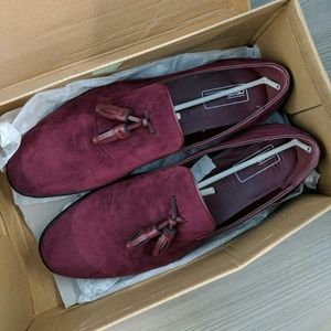 ASOS tassel loafers in burgundy faux suede